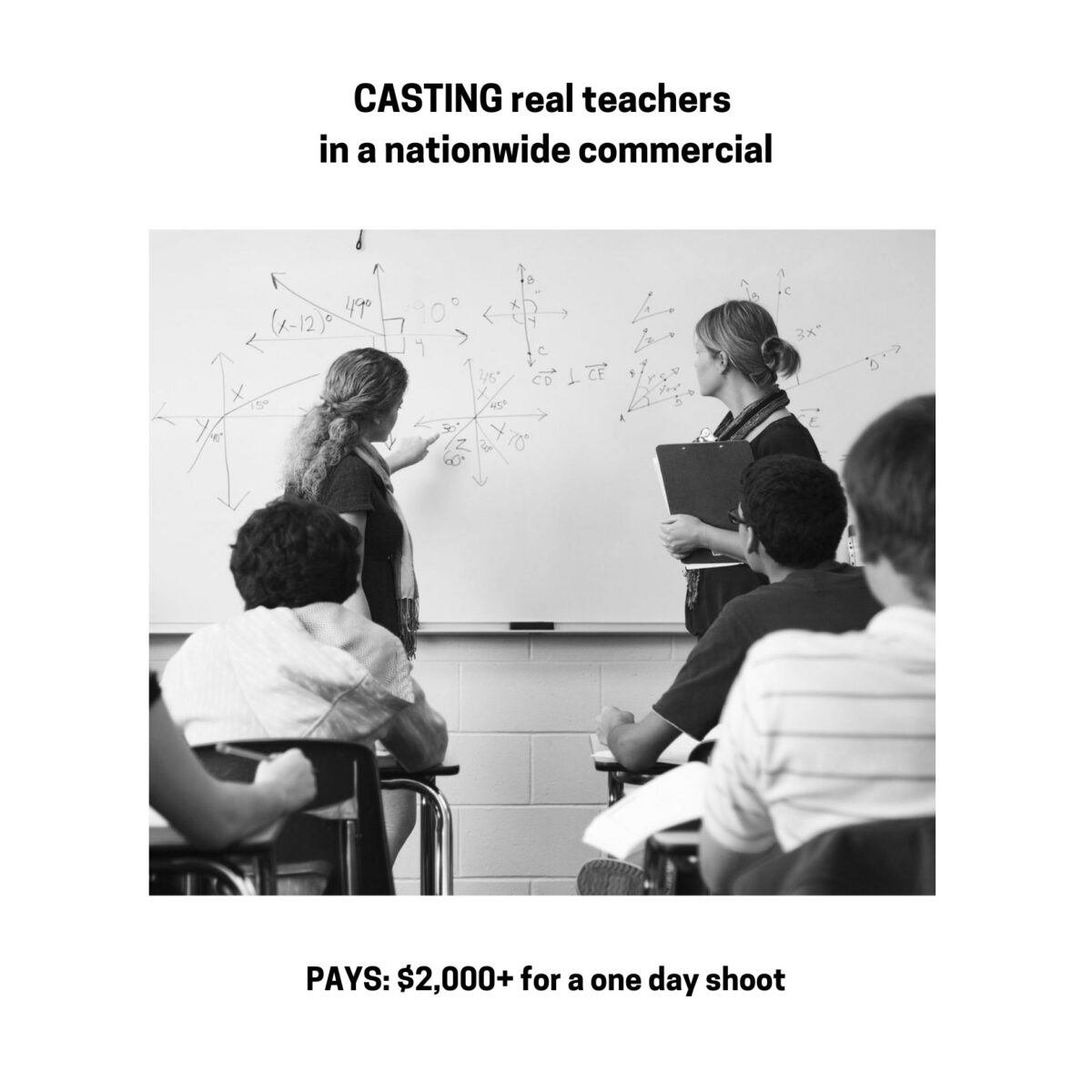 Black and white image of a teacher explaining math on a whiteboard to a class. Text about casting for a commercial is overlaid.