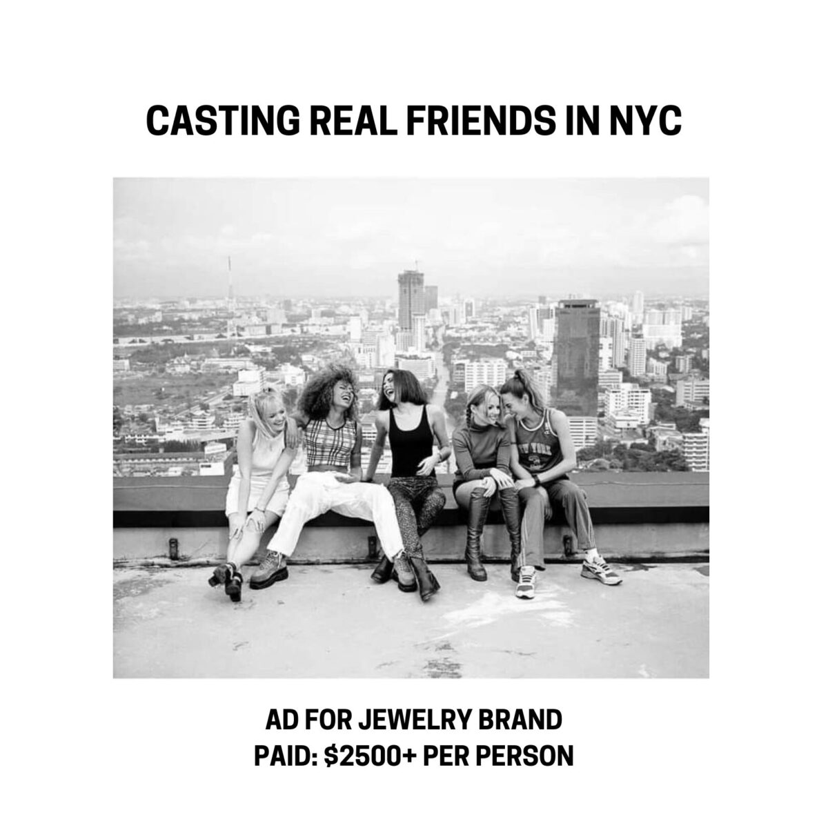 Group of five people sitting on a rooftop with New York City skyline in the background; text about casting for a jewelry brand.