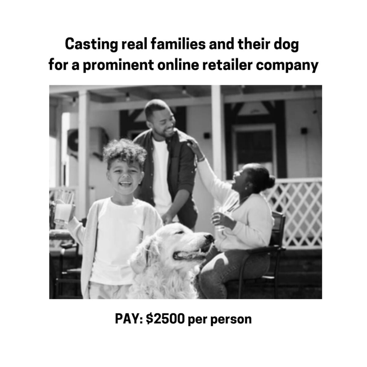 Black-and-white photo of a smiling family with a dog outside a house. Text about casting for an online retailer company.