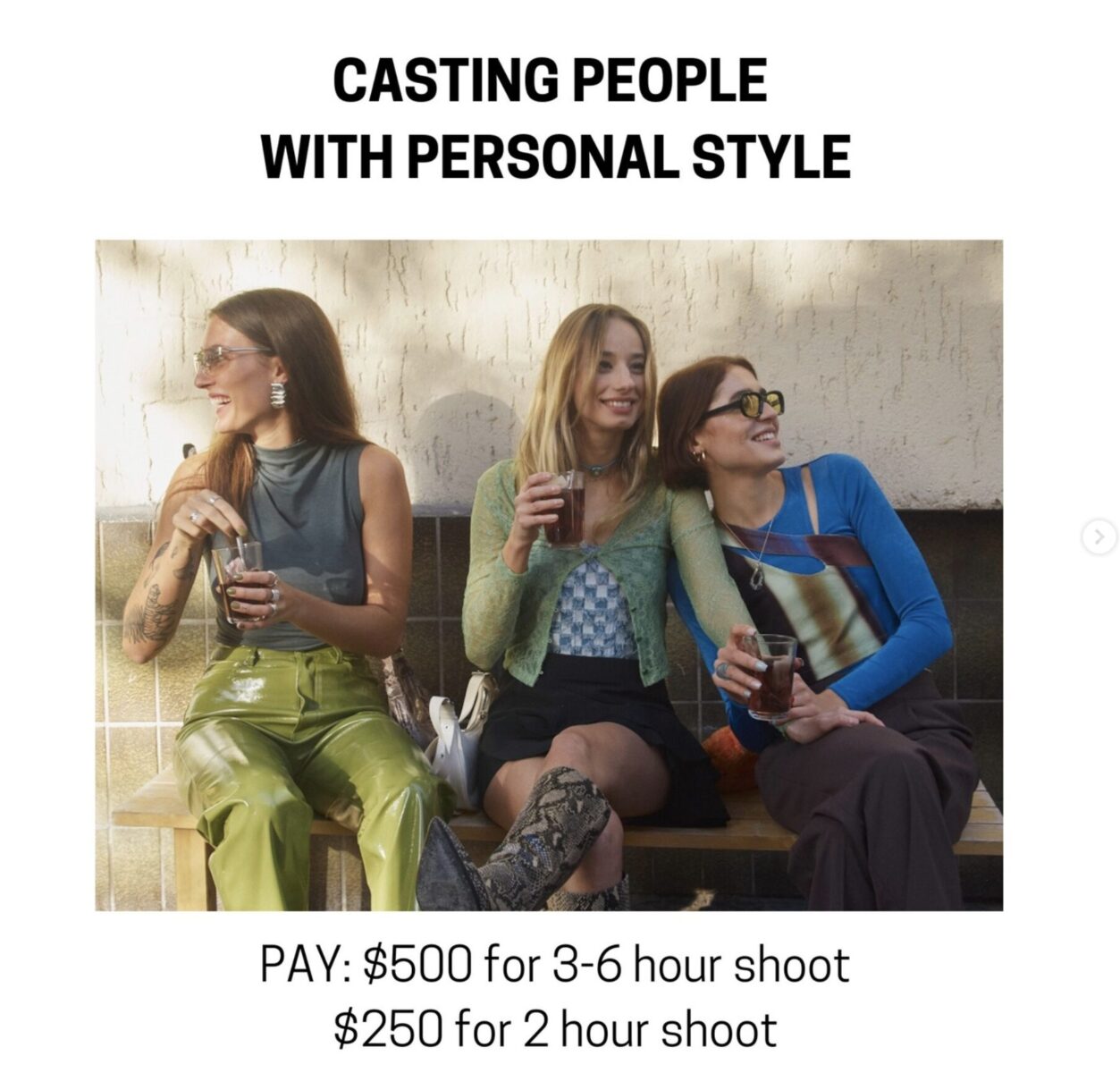 Three people sitting outdoors, smiling, and holding drinks. Text about casting for a photoshoot with specified pay rates.