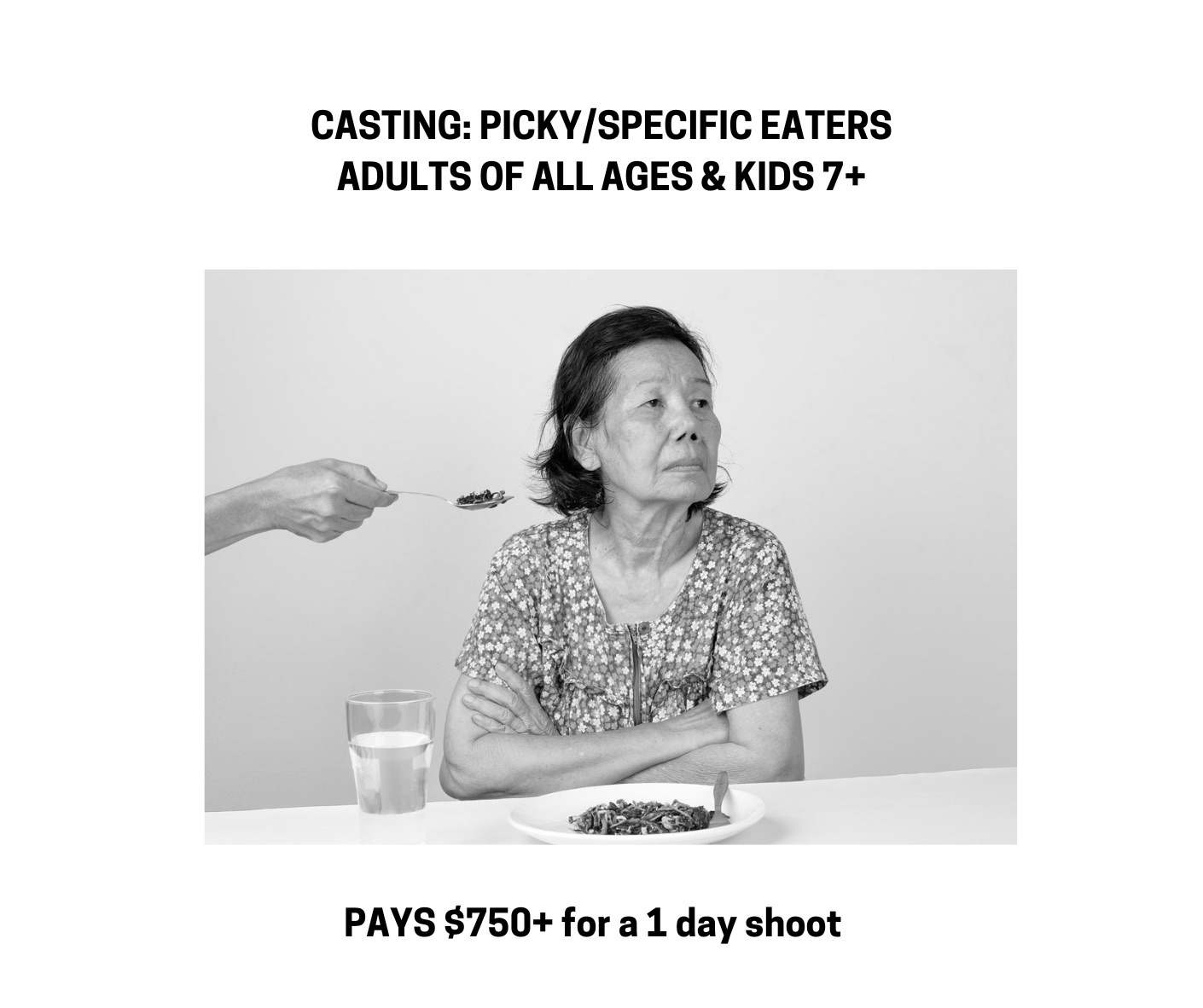 Black and white photo of a person looking away from a fork with food. Text details a casting for picky eaters, paying $750+.