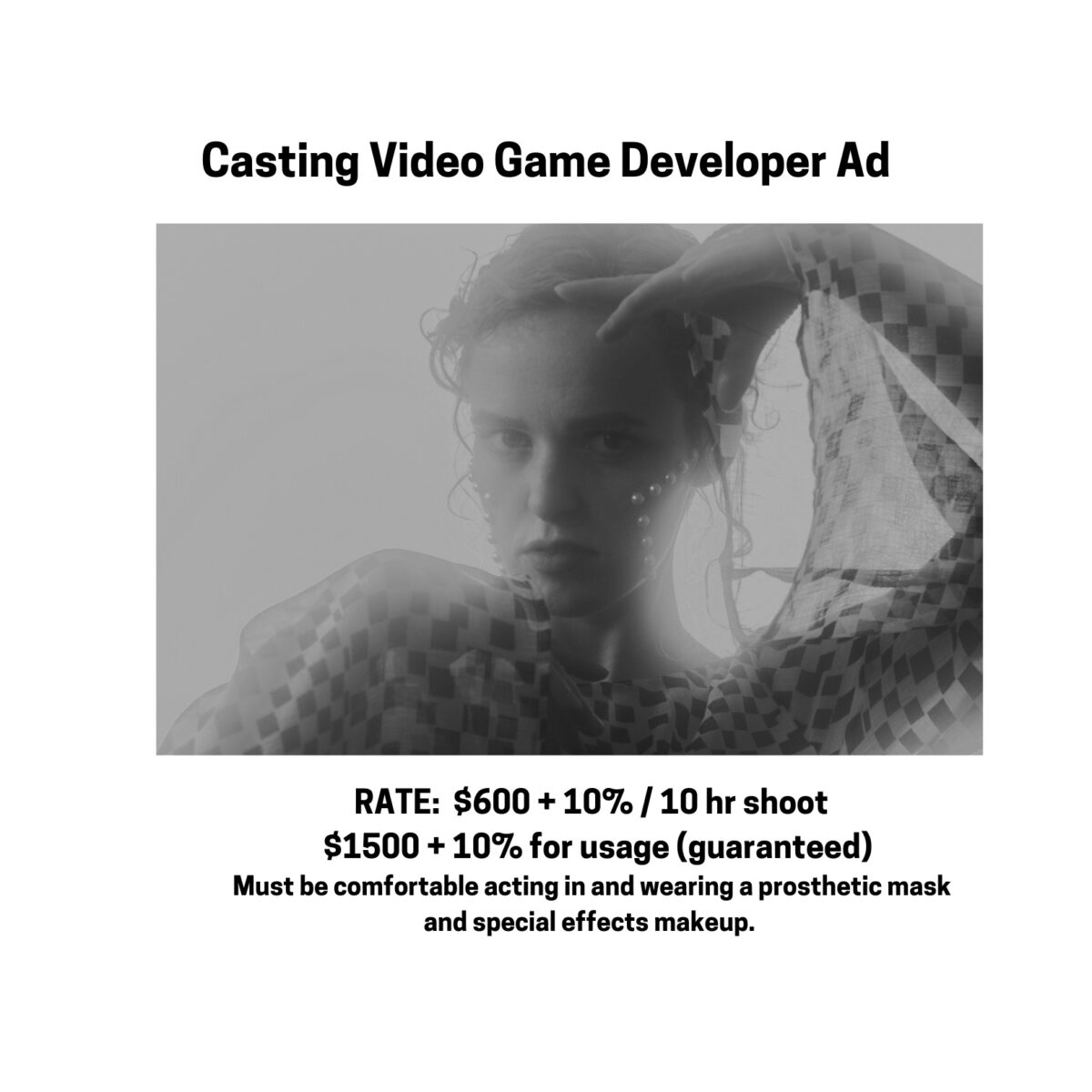 Monochrome portrait of a person, blurred, with casting details for a video game developer ad below.